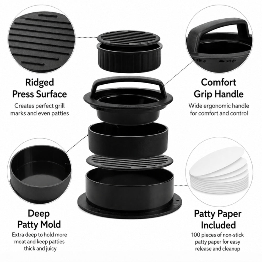 3-in-1 Stuffed Burger Press with 100 Papers | TIKA