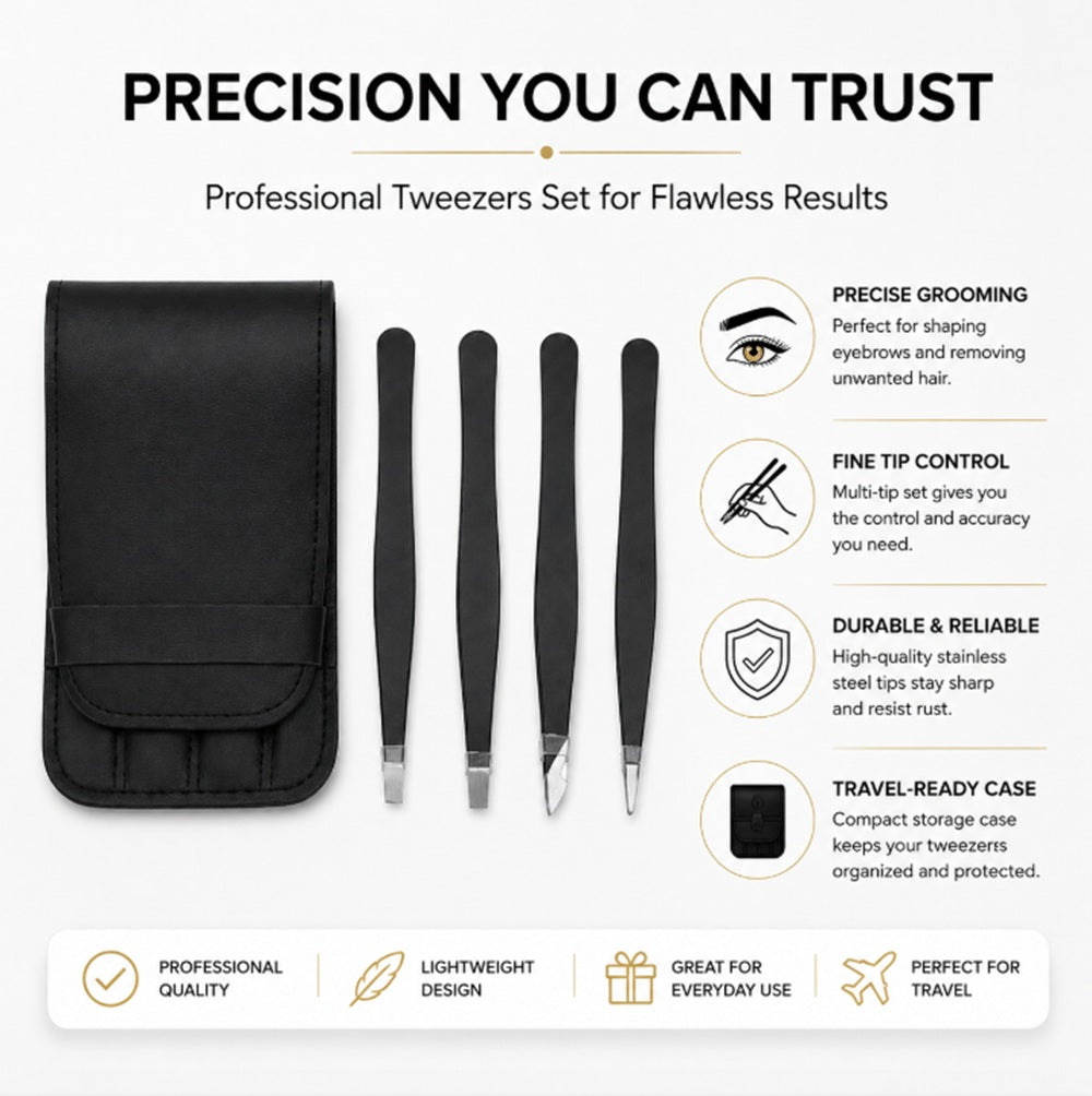 4-Piece Stainless Steel Eyebrow Tweezer Set | TIKA
