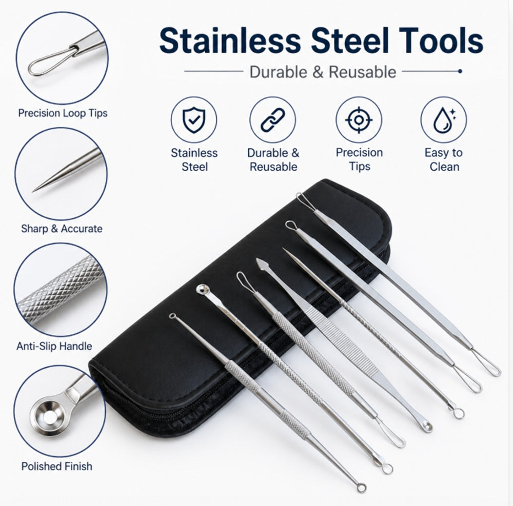 7-Piece Stainless Steel Blackhead Extractor Tool Set | TIKA