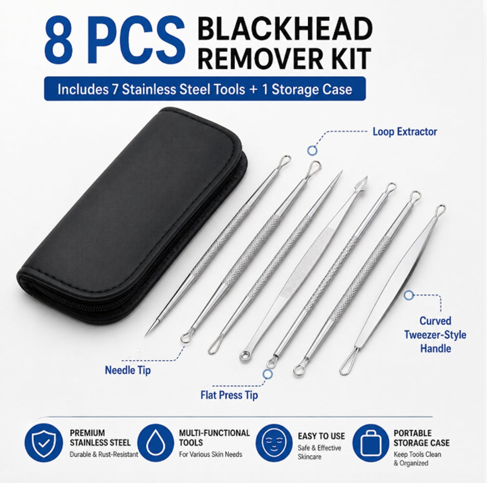 7-Piece Stainless Steel Blackhead Extractor Tool Set | TIKA