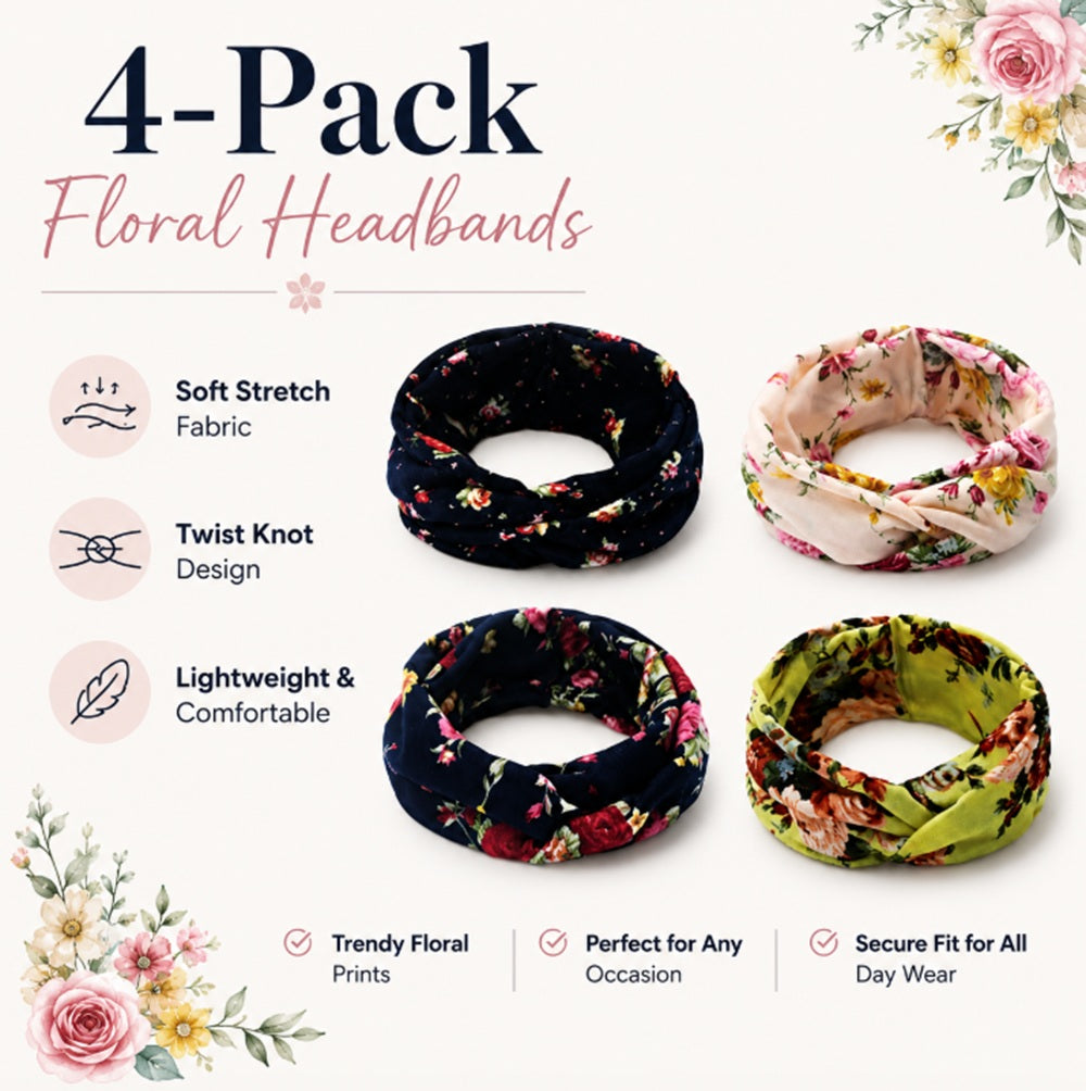 4-Pack Women's Wide Floral Turban Headbands | TIKA
