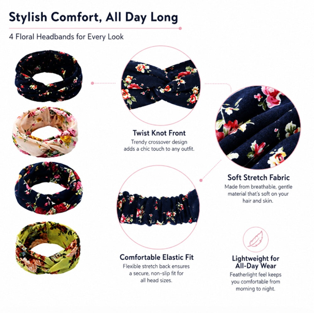 4-Pack Women's Wide Floral Turban Headbands | TIKA