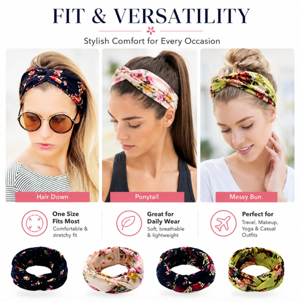 4-Pack Women's Wide Floral Turban Headbands | TIKA