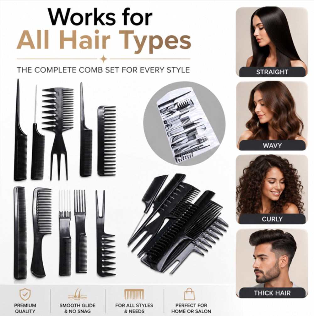 10-Pack Black Hair Styling Comb Set | TIKA
