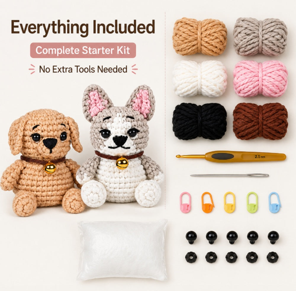 French Bulldog Crochet Kit for Beginners, 2 Pack with Video – TIKA