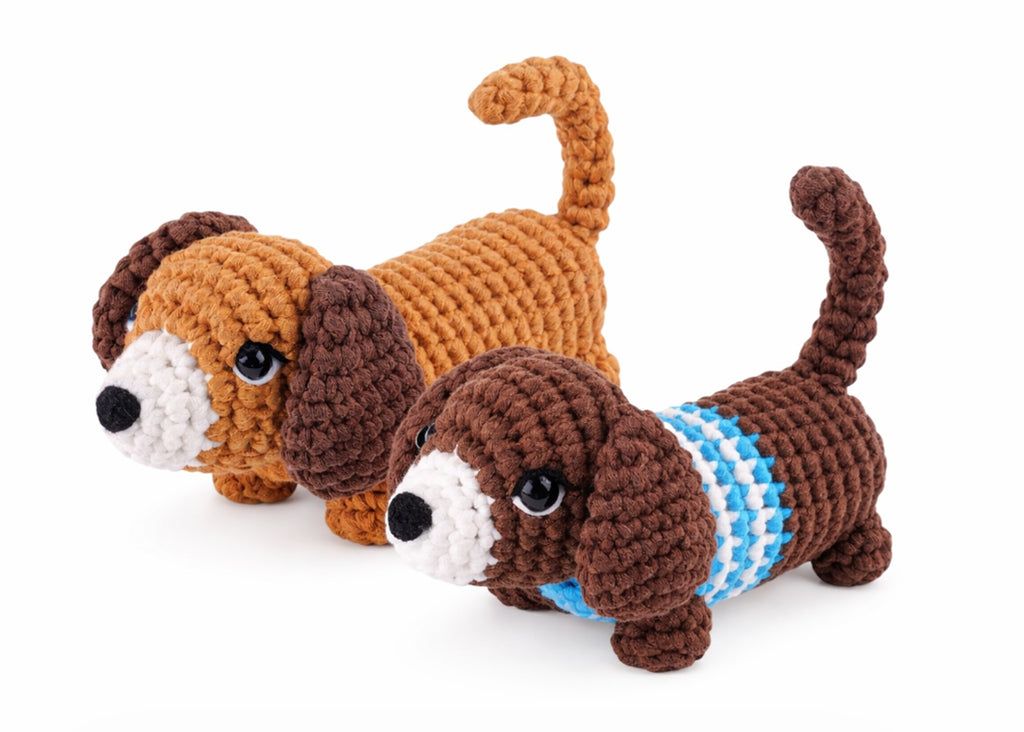 Dachshund Crochet Kit for Beginners – 2 Pack Amigurumi Dog DIY Starter Kit with Step-by-Step Video Tutorial, Cute Gift for Adults & Kids