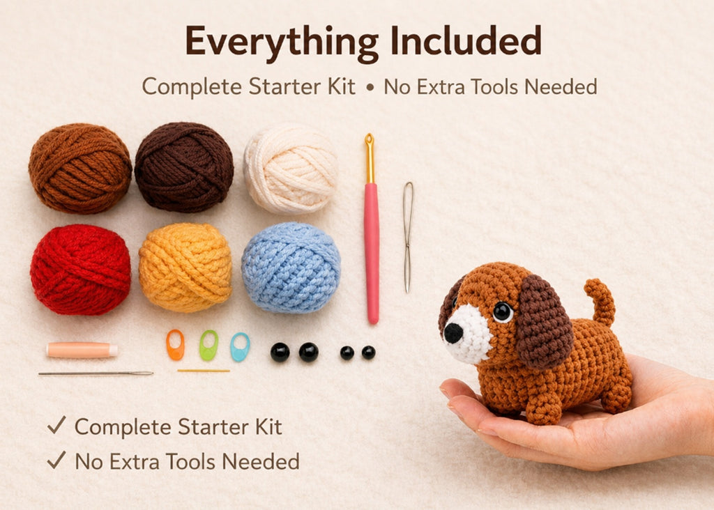 Dachshund Crochet Kit for Beginners – 2 Pack Amigurumi Dog DIY Starter Kit with Step-by-Step Video Tutorial, Cute Gift for Adults & Kids