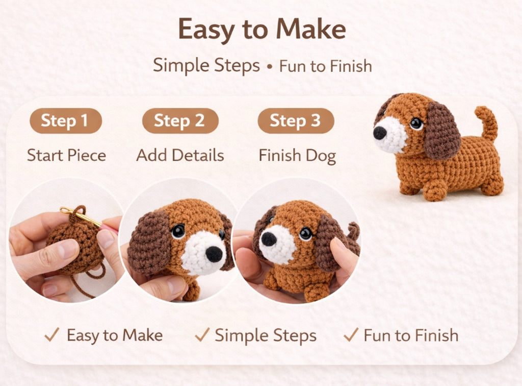 Dachshund Crochet Kit for Beginners – 2 Pack Amigurumi Dog DIY Starter Kit with Step-by-Step Video Tutorial, Cute Gift for Adults & Kids