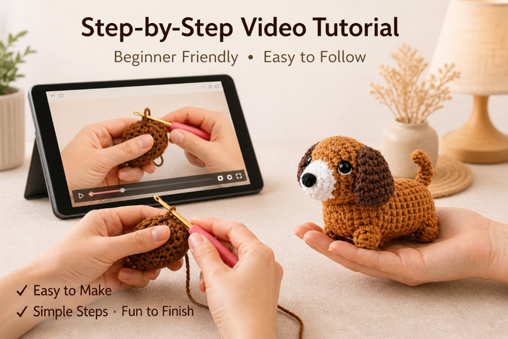 Dachshund Crochet Kit for Beginners – 2 Pack Amigurumi Dog DIY Starter Kit with Step-by-Step Video Tutorial, Cute Gift for Adults & Kids