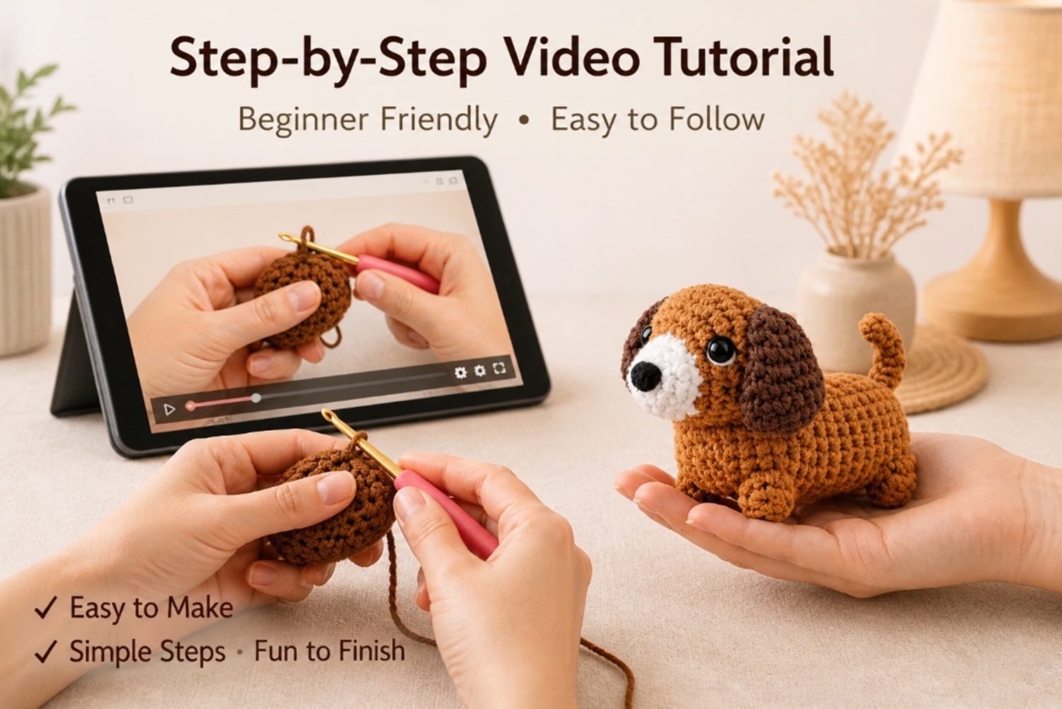 Dachshund Crochet Kit for Beginners – 2 Pack Amigurumi Dog DIY Starter Kit with Step-by-Step Video Tutorial, Cute Gift for Adults & Kids