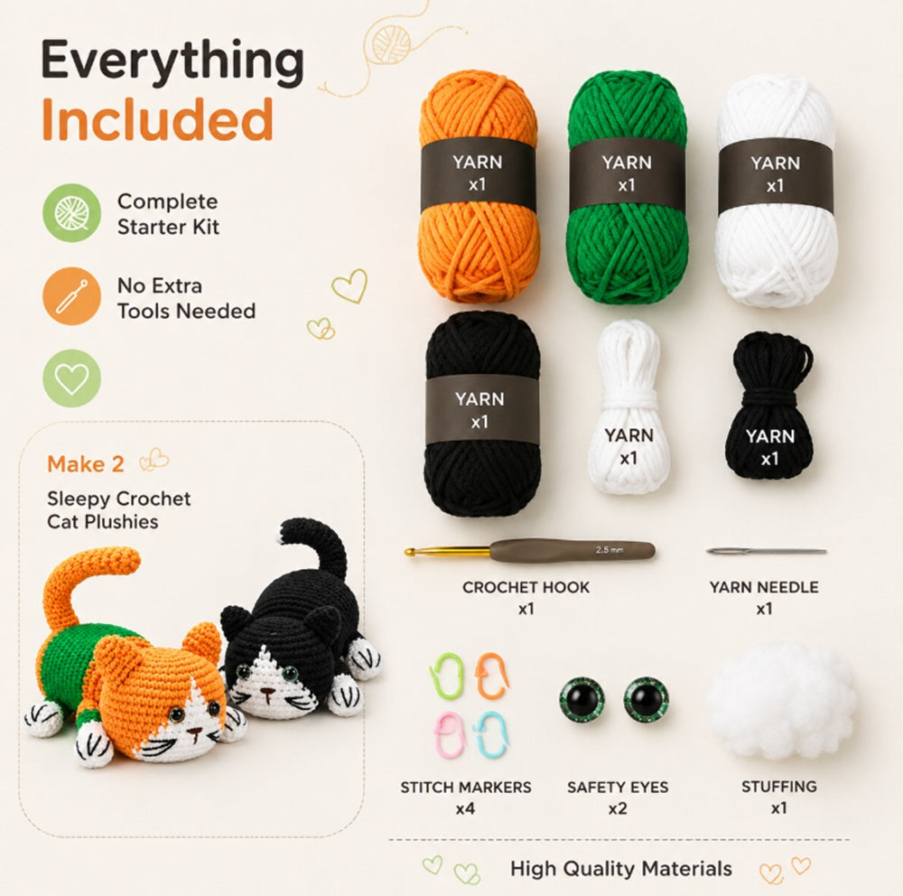 Cat Amigurumi Crochet Kit for Beginners, 2 Pack with Video – TIKA