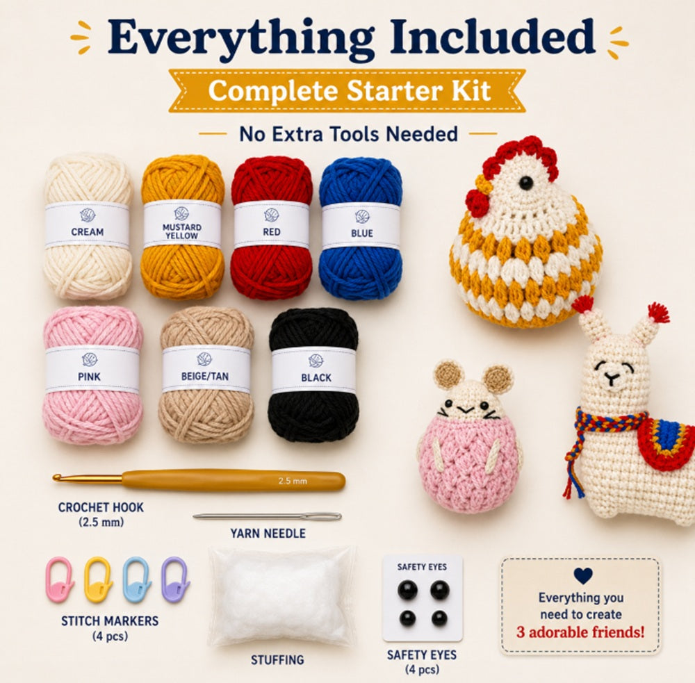 Animal Crochet Kit for Beginners: Alpaca, Hamster & Chubby Chicken – TIKA