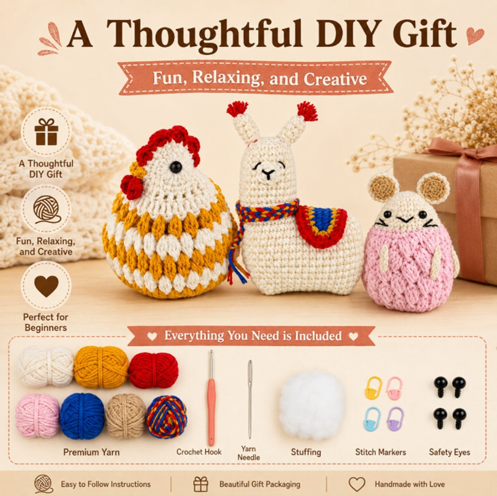 Animal Crochet Kit for Beginners: Alpaca, Hamster & Chubby Chicken – TIKA