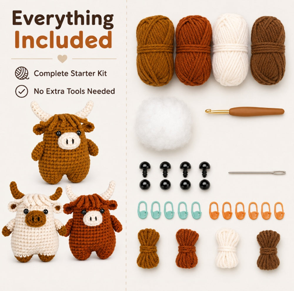 Highland Cow Crochet Kit for Beginners, 3 Pack with Video Tutorials – TIKA