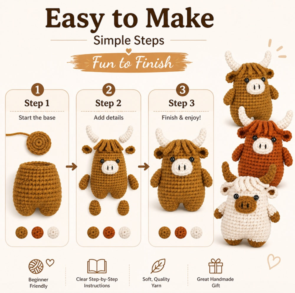 Highland Cow Crochet Kit for Beginners, 3 Pack with Video Tutorials – TIKA