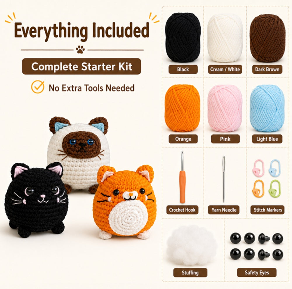 Cat Crochet Kit for Beginners, 3 Pack with Video Tutorial – TIKA