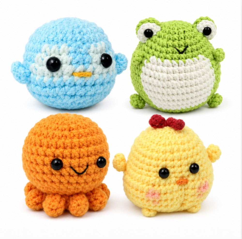 Animal Crochet Kit for Beginners, 4 Pack: Octopus, Frog, Chick & Puffer Fish – TIKA