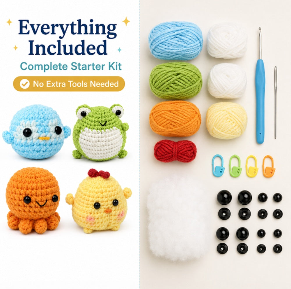 Animal Crochet Kit for Beginners, 4 Pack: Octopus, Frog, Chick & Puffer Fish – TIKA
