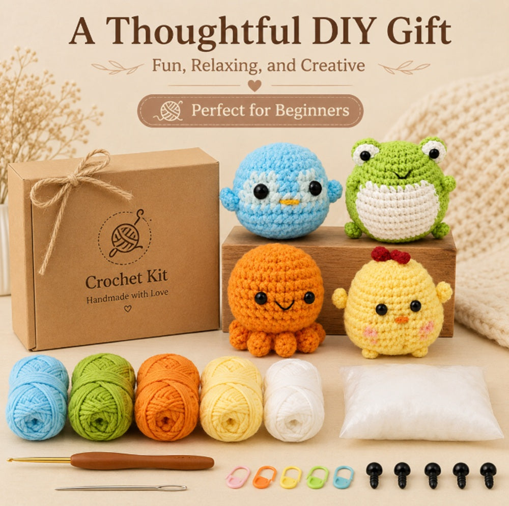 Animal Crochet Kit for Beginners, 4 Pack: Octopus, Frog, Chick & Puffer Fish – TIKA