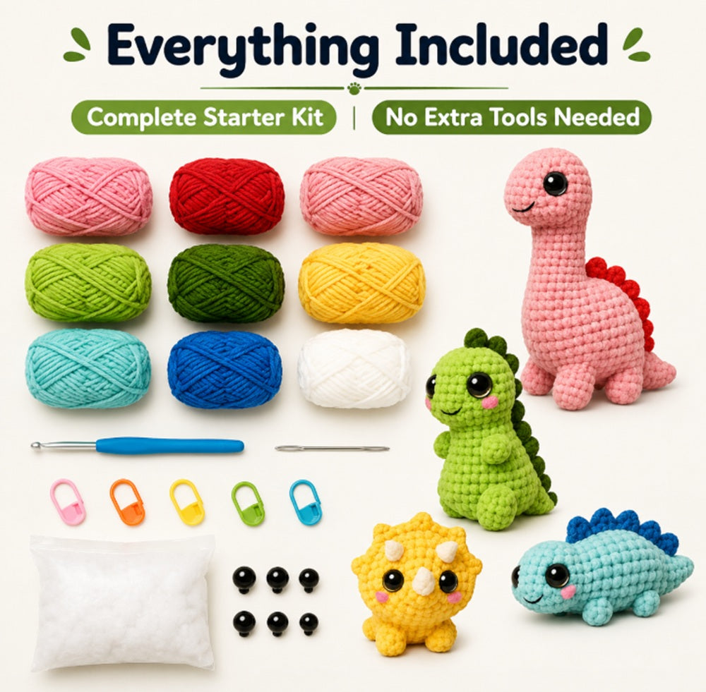Dinosaur Crochet Kit for Beginners, 4 Pack with Video Tutorial – TIKA