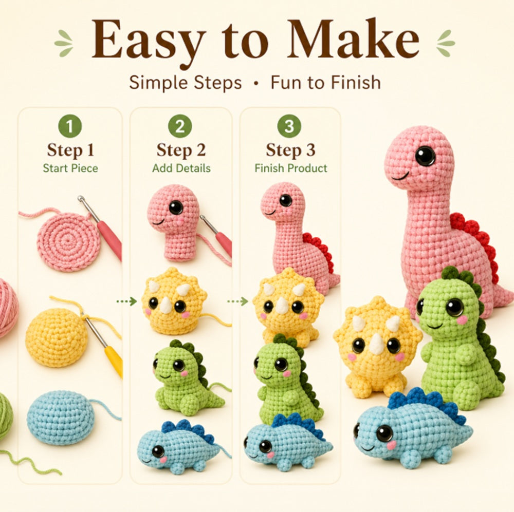 Dinosaur Crochet Kit for Beginners, 4 Pack with Video Tutorial – TIKA