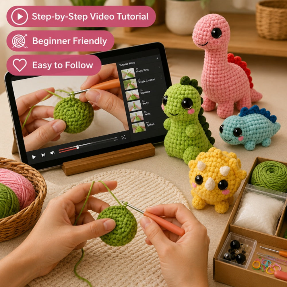 Dinosaur Crochet Kit for Beginners, 4 Pack with Video Tutorial – TIKA