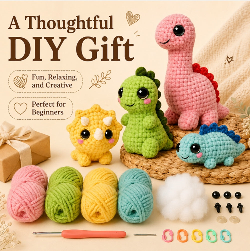 Dinosaur Crochet Kit for Beginners, 4 Pack with Video Tutorial – TIKA