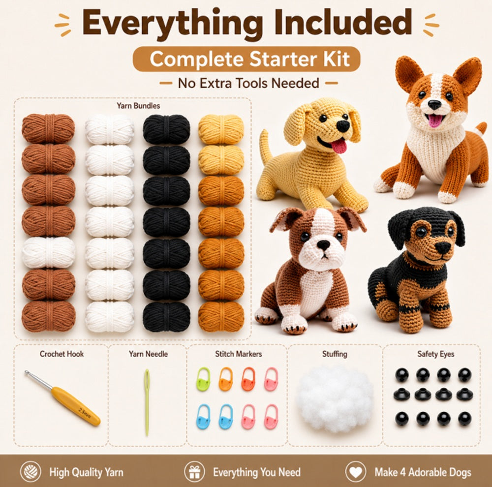 Puppy Crochet Kit for Beginners, 4 Pack with Video Tutorial – TIKA