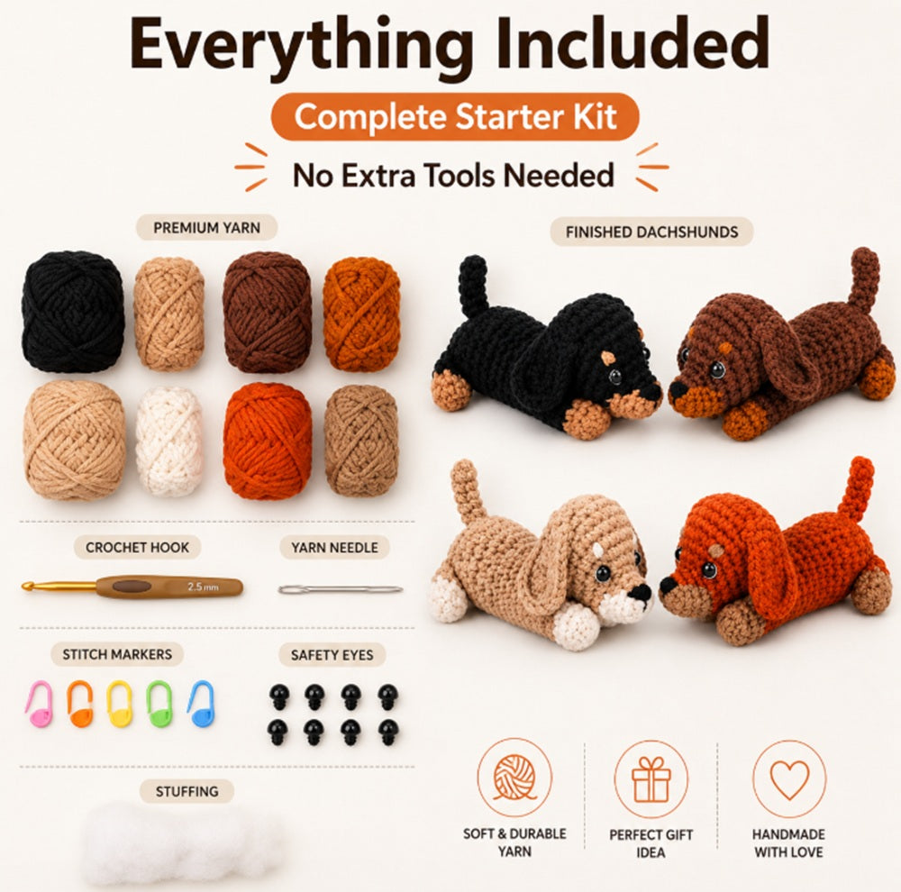 Dachshund Crochet Kit for Beginners, 4 Pack with Video Tutorial – TIKA