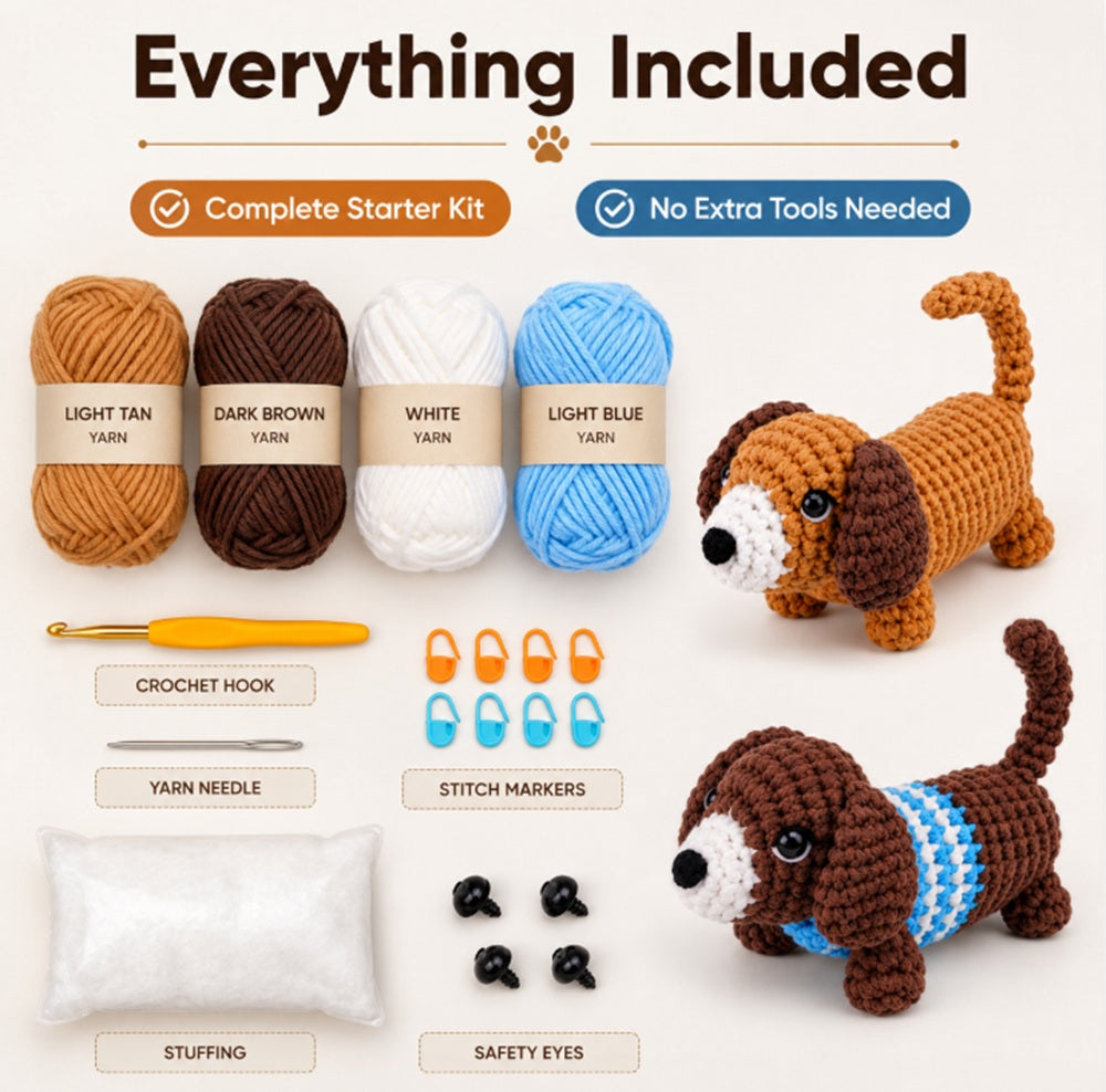 Dachshund Crochet Kit for Beginners, 5 Pack with Video Tutorial – TIKA