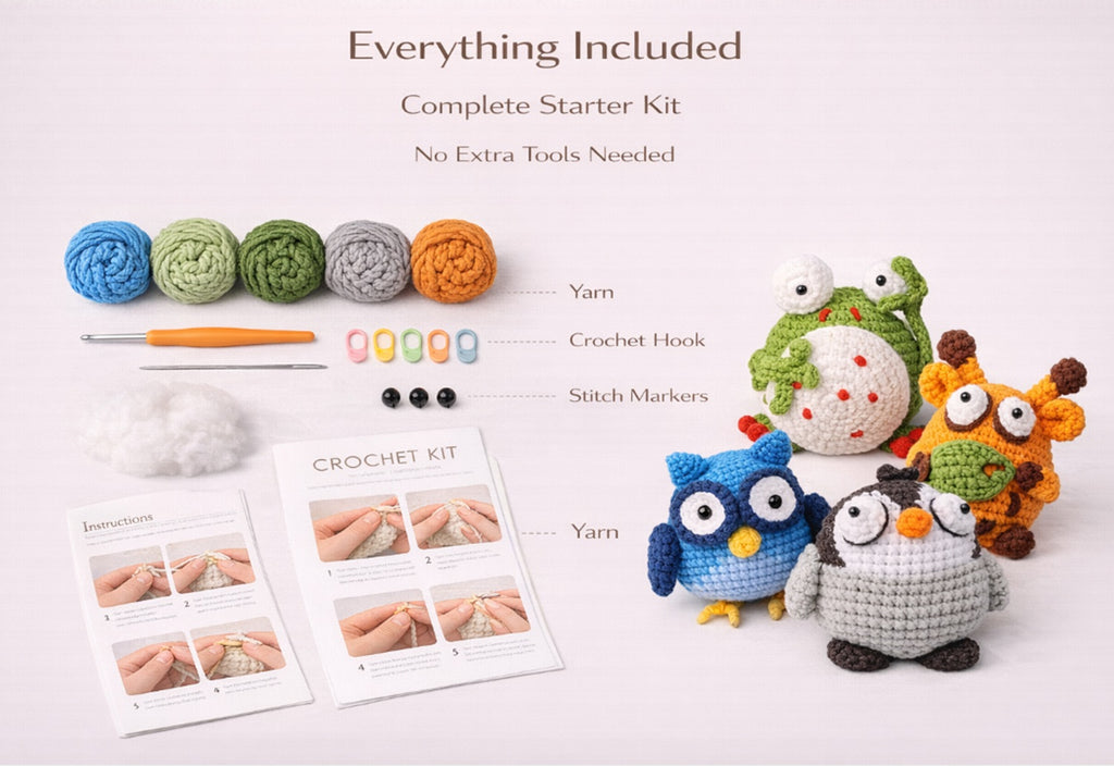 Frog, Owl, Deer & Chick Crochet Kit for Beginners, 4 Pack – TIKA