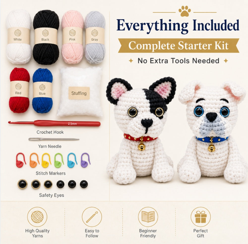 French Bulldog Crochet Kit for Beginners, 2 Pack with Video – TIKA
