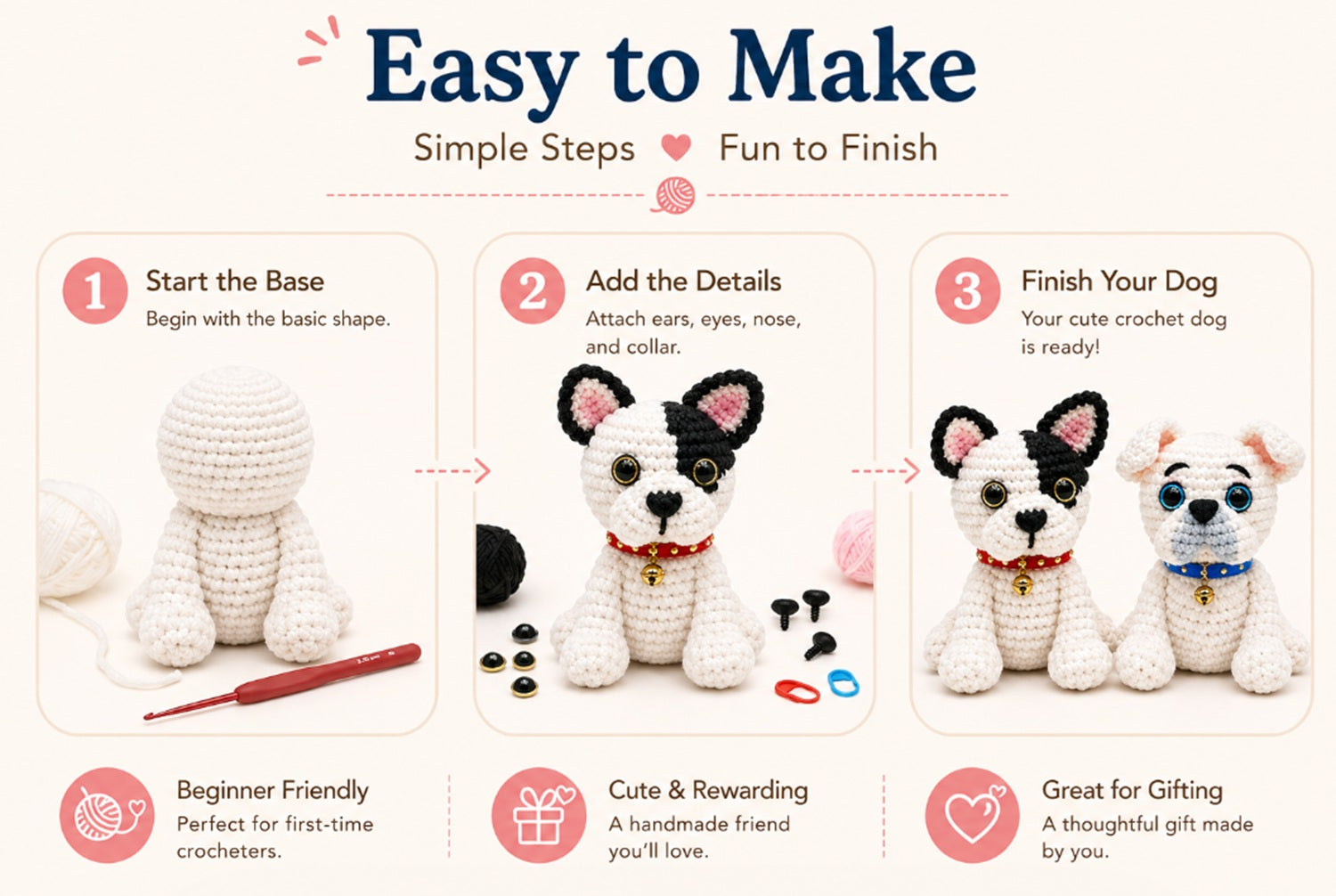 French Bulldog Crochet Kit for Beginners, 2 Pack with Video – TIKA