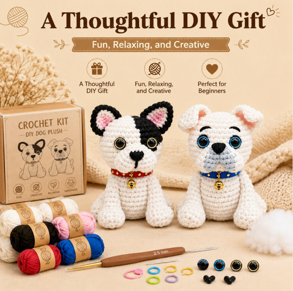 French Bulldog Crochet Kit for Beginners, 2 Pack with Video – TIKA