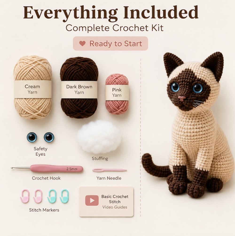 Siamese Cat Crochet Kit for Beginners with Yarn, Hooks & Video Tutorial – TIKA