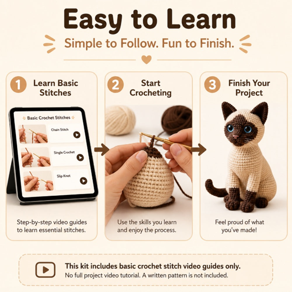 Siamese Cat Crochet Kit for Beginners with Yarn, Hooks & Video Tutorial – TIKA