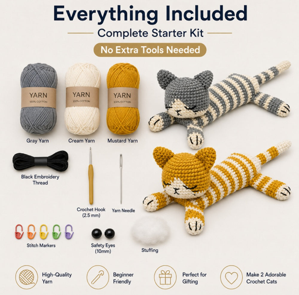 Sleeping Cat Crochet Kit for Beginners, 2 Pack with Video – TIKA