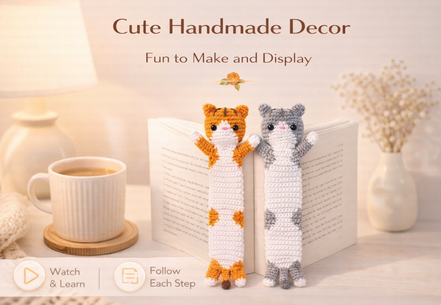 Cat Bookmark Crochet Kit for Beginners, 2 Pack with Video – TIKA