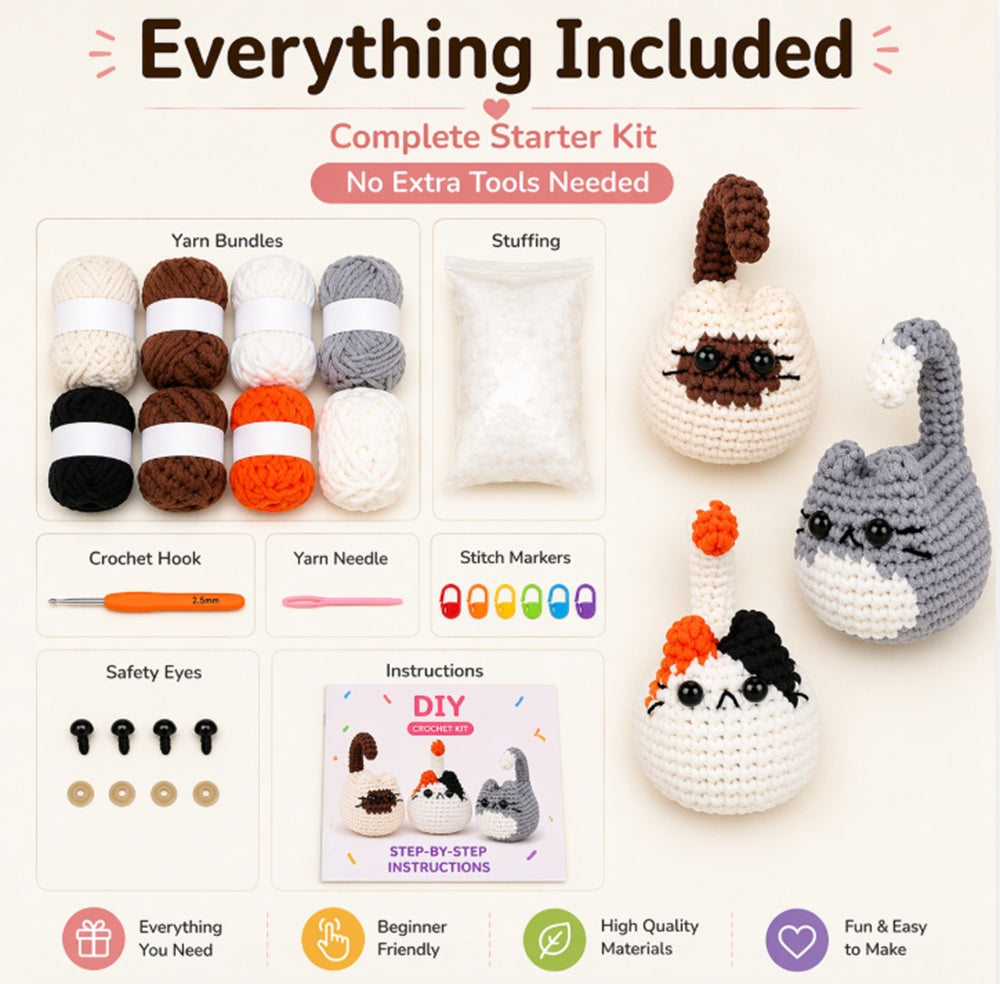 Cat Family Crochet Kit for Beginners, 3 Pack with Video – TIKA