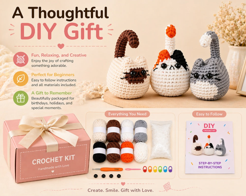 Cat Family Crochet Kit for Beginners, 3 Pack with Video – TIKA