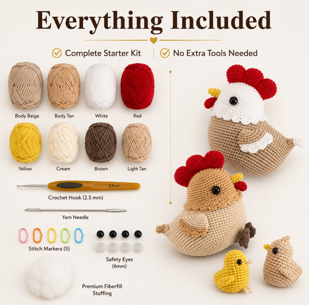 Chicken Crochet Kit for Beginners, 4 Pack Hen & Chick Set – TIKA