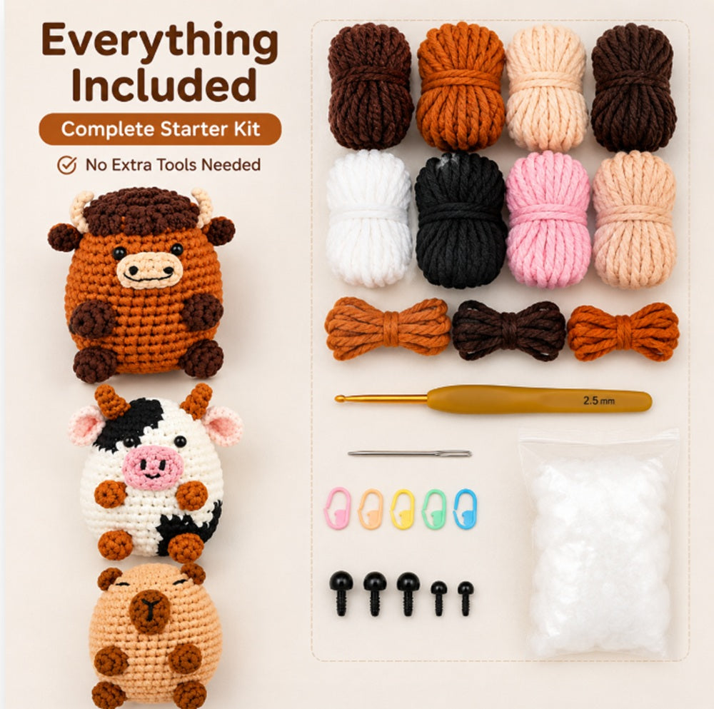 Cow & Capybara Crochet Kit for Beginners, 3 Pack with Video Tutorial – TIKA