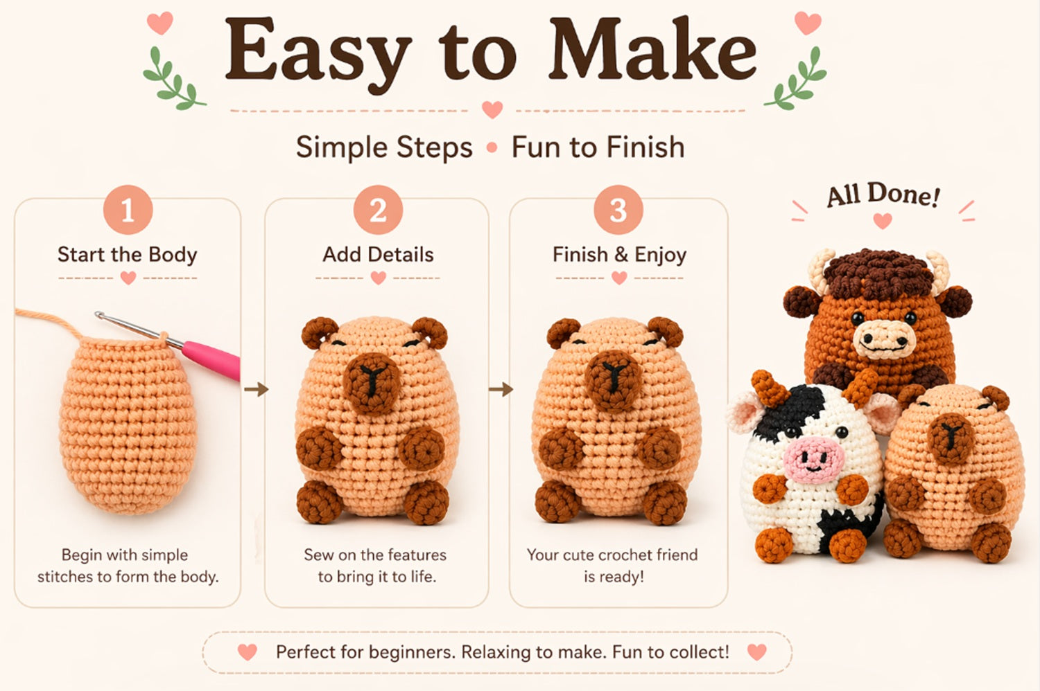 Cow & Capybara Crochet Kit for Beginners, 3 Pack with Video Tutorial – TIKA