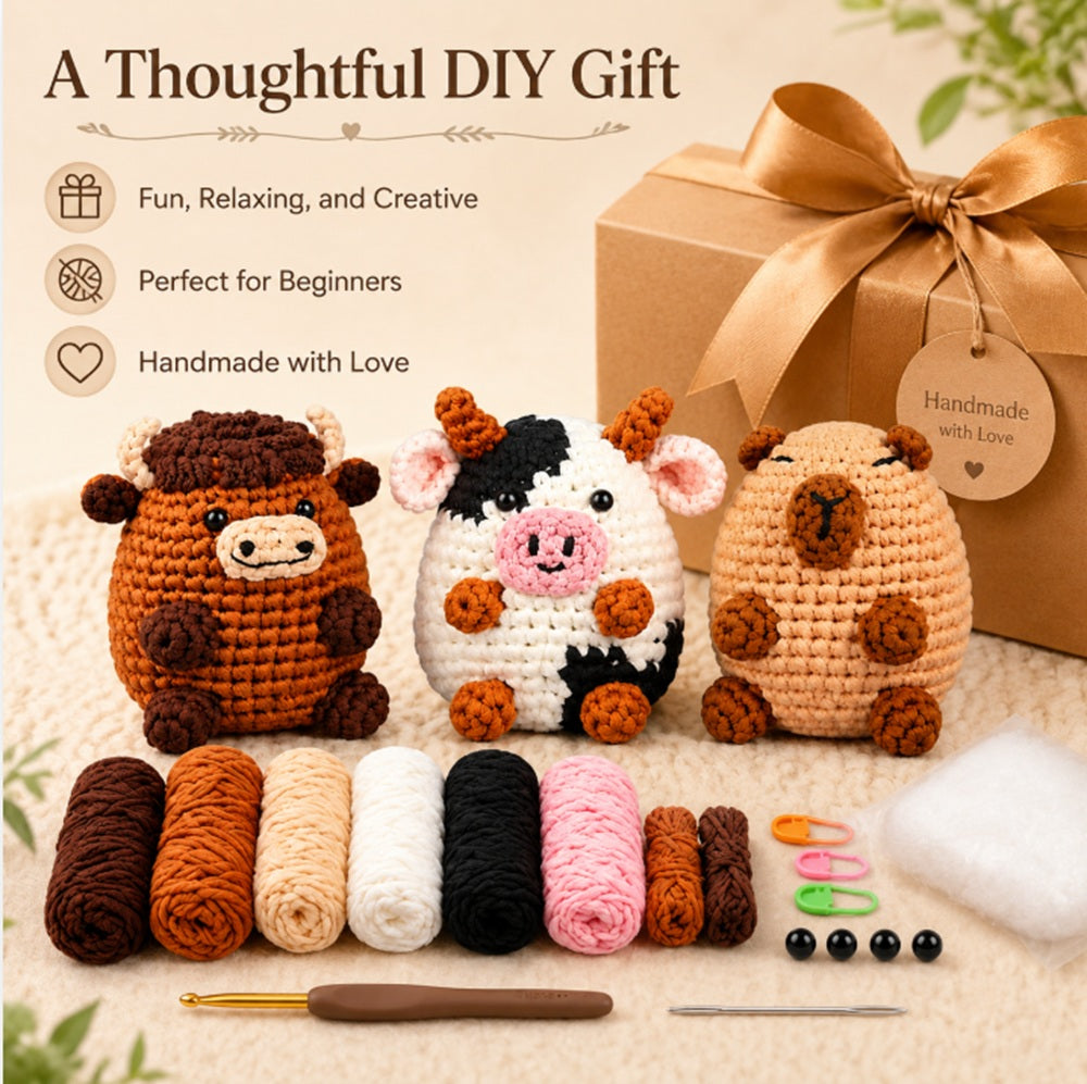 Cow & Capybara Crochet Kit for Beginners, 3 Pack with Video Tutorial – TIKA