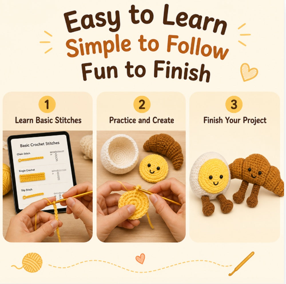 Crochet Food Kit for Beginners, Croissant & Fried Egg – TIKA