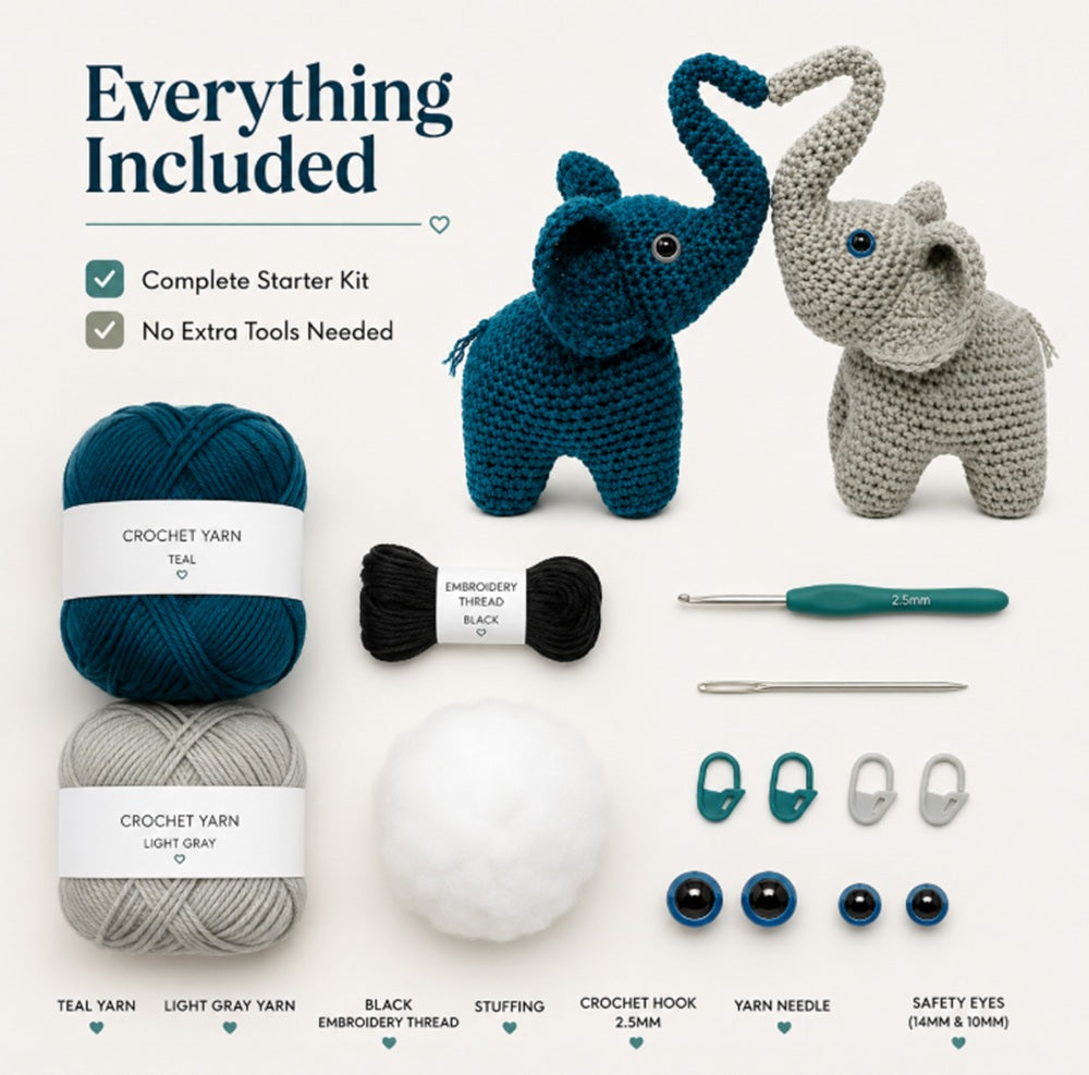 Elephant Crochet Kit for Beginners, 2 Pack with Video Tutorial – TIKA