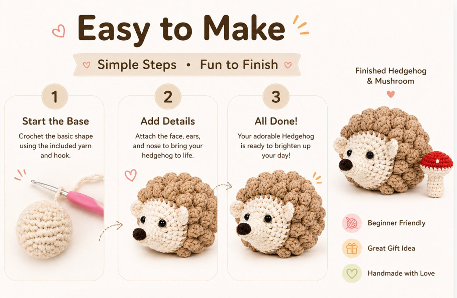 Hedgehog & Mushroom Crochet Kit for Beginners with Video – TIKA