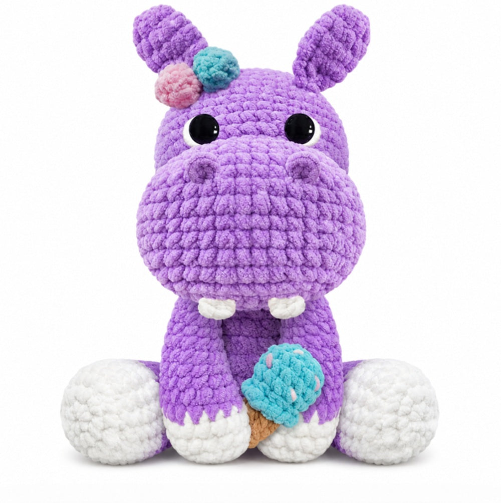 Hippo Crochet Kit for Beginners – 11.8 Inch Amigurumi Hippo DIY Starter Kit with Chenille Yarn, Step-by-Step Video Tutorials, Cute Gift