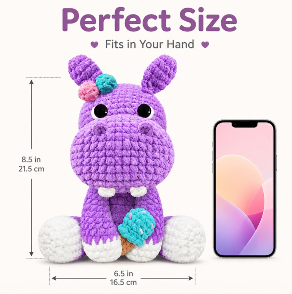 Hippo Crochet Kit for Beginners – 11.8 Inch Amigurumi Hippo DIY Starter Kit with Chenille Yarn, Step-by-Step Video Tutorials, Cute Gift