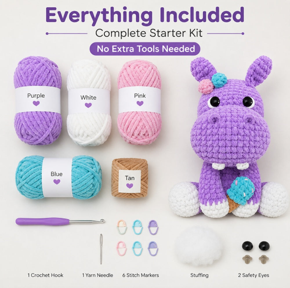 Hippo Crochet Kit for Beginners – 11.8 Inch Amigurumi Hippo DIY Starter Kit with Chenille Yarn, Step-by-Step Video Tutorials, Cute Gift